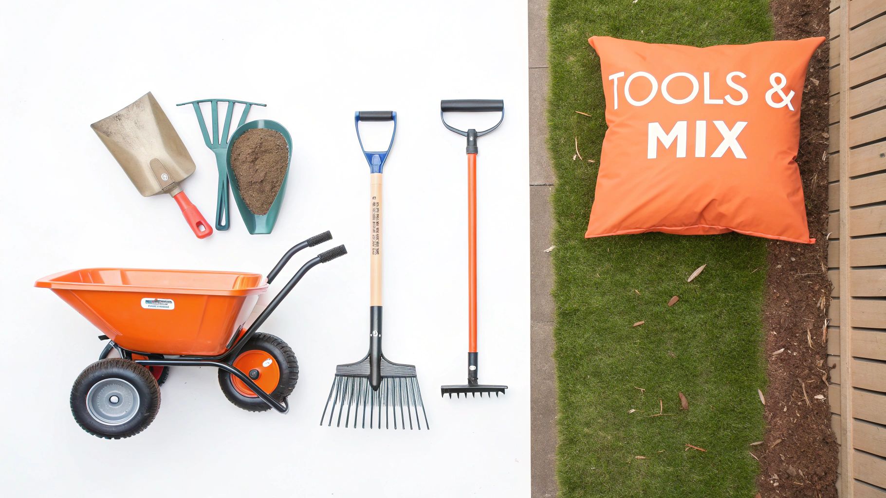 Overhead view of various gardening tools including a wheelbarrow, shovels, rakes, and a 'TOOLS & MIX' cushion.