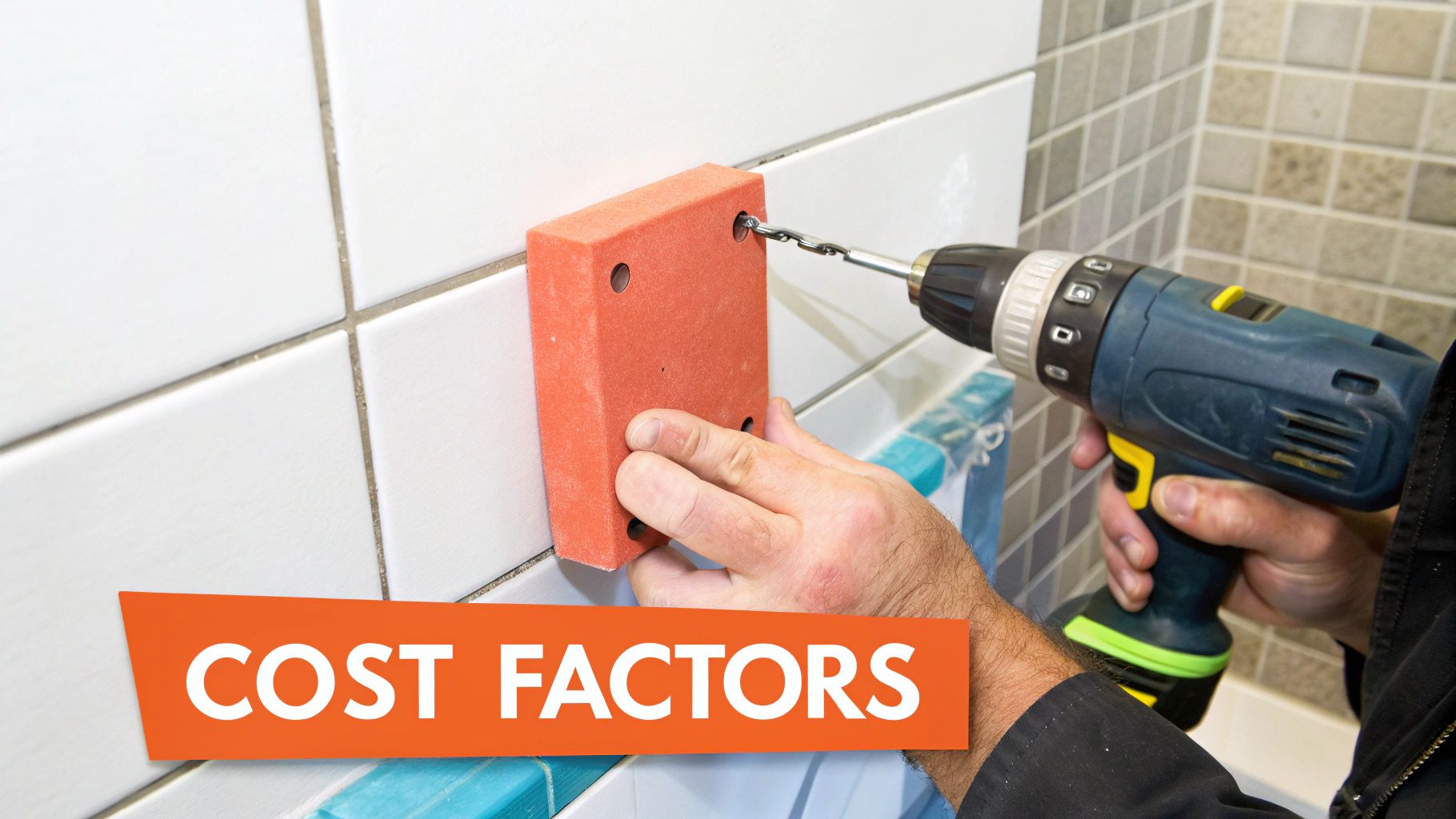 A person is using a power drill with an orange guide to drill into a white tiled wall.