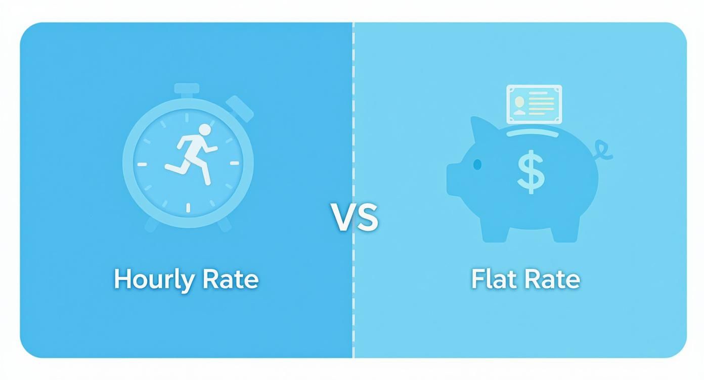 An illustration comparing hourly rate (stopwatch with running person) vs. flat rate (piggy bank with dollar sign).