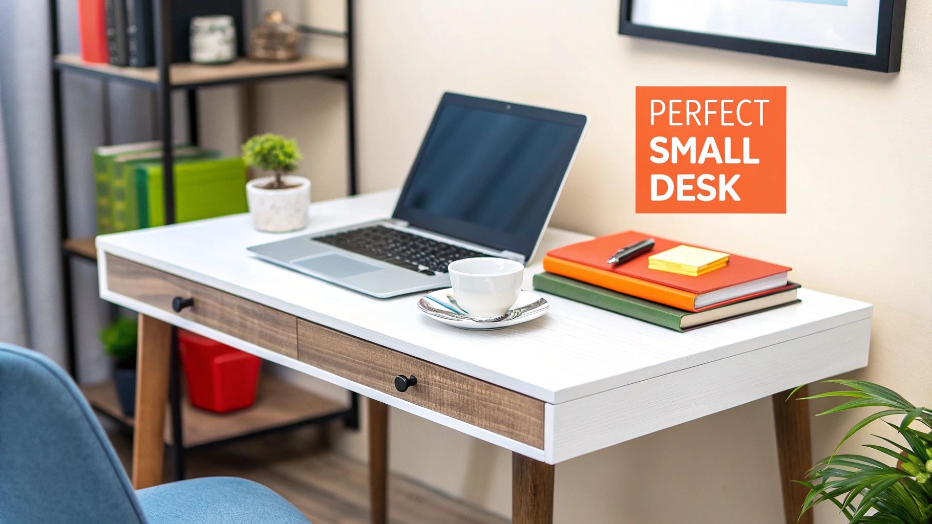 Woman working at a compact, stylish desk in a small, well-lit apartment corner.