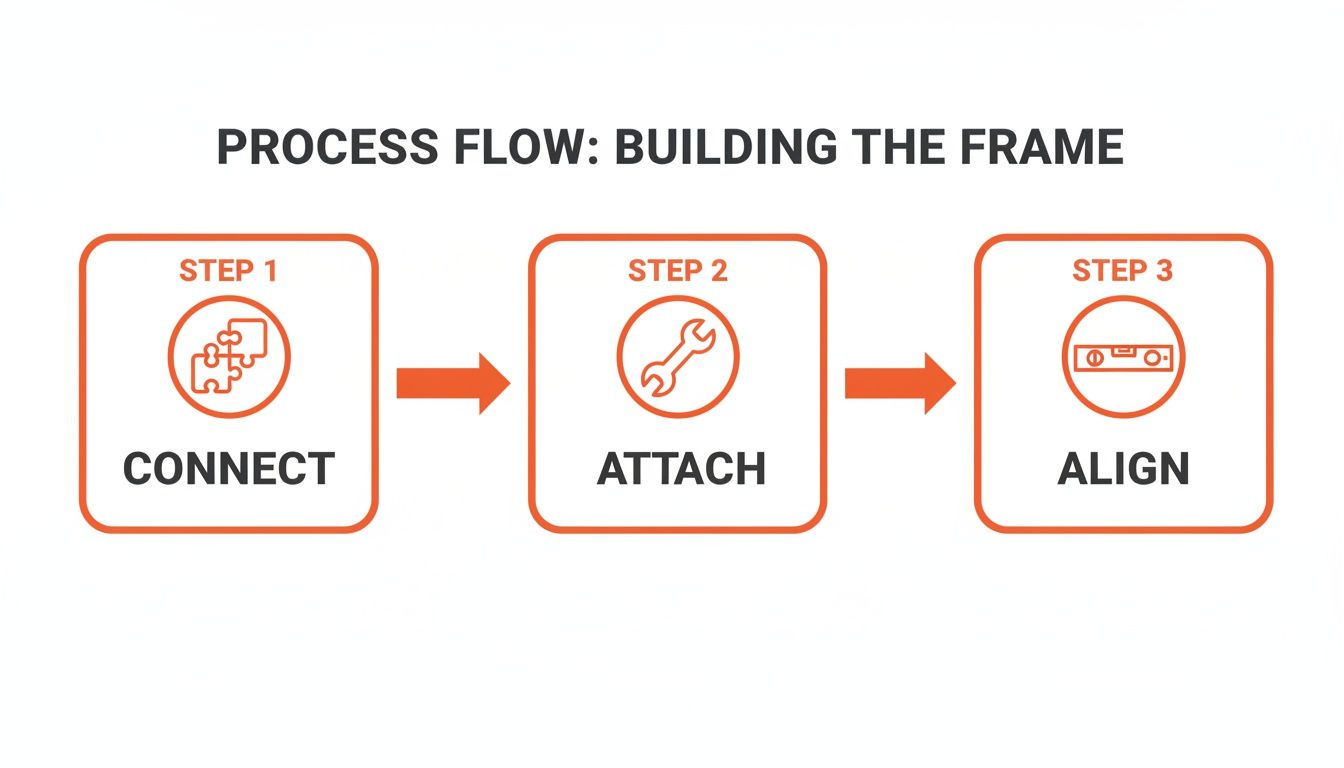 A three-step process flow diagram showing how to build a frame: Connect, Attach, and Align.
