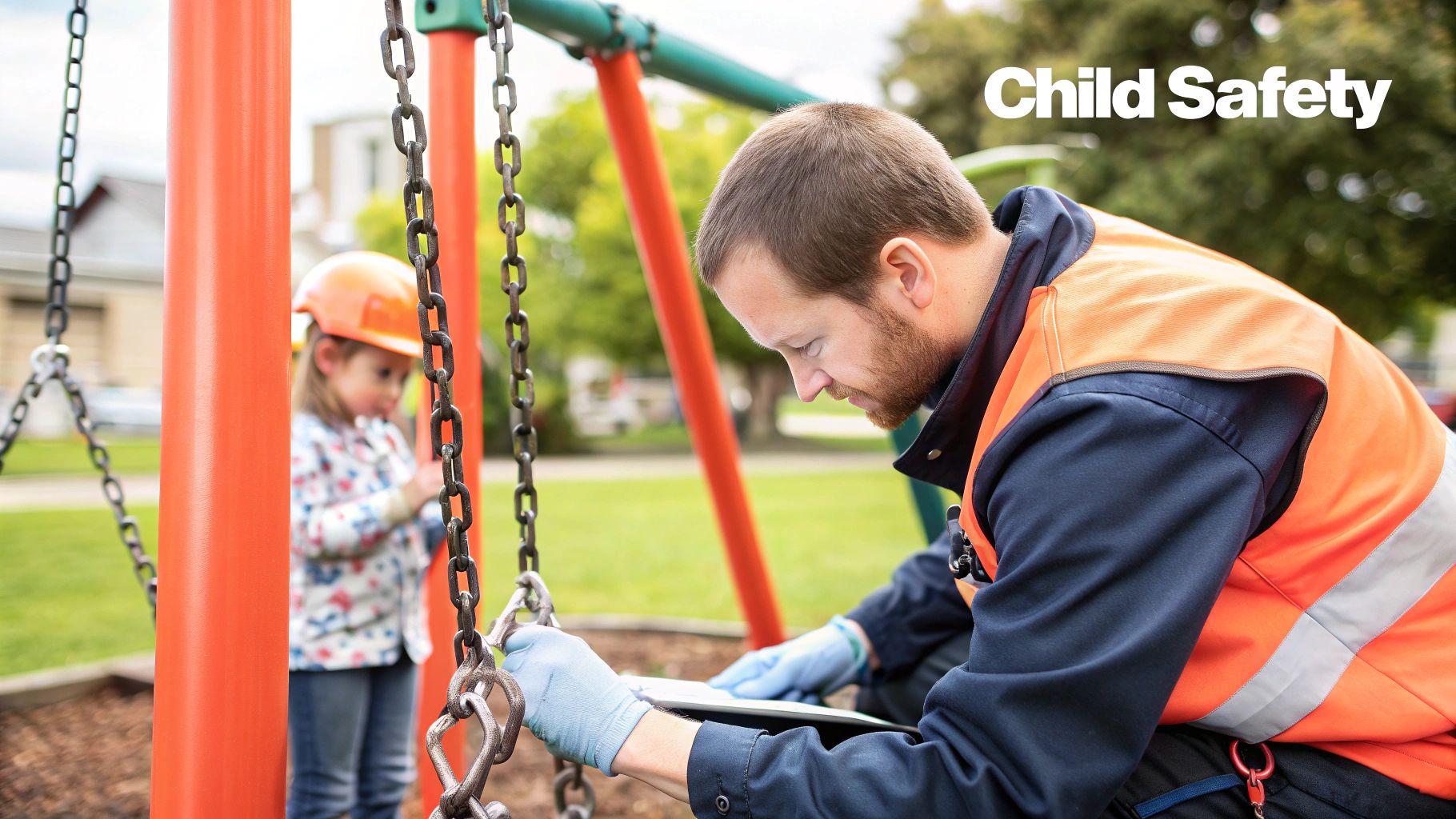 A worker in a safety vest and gloves inspects a swing set chain, ensuring child safety.
