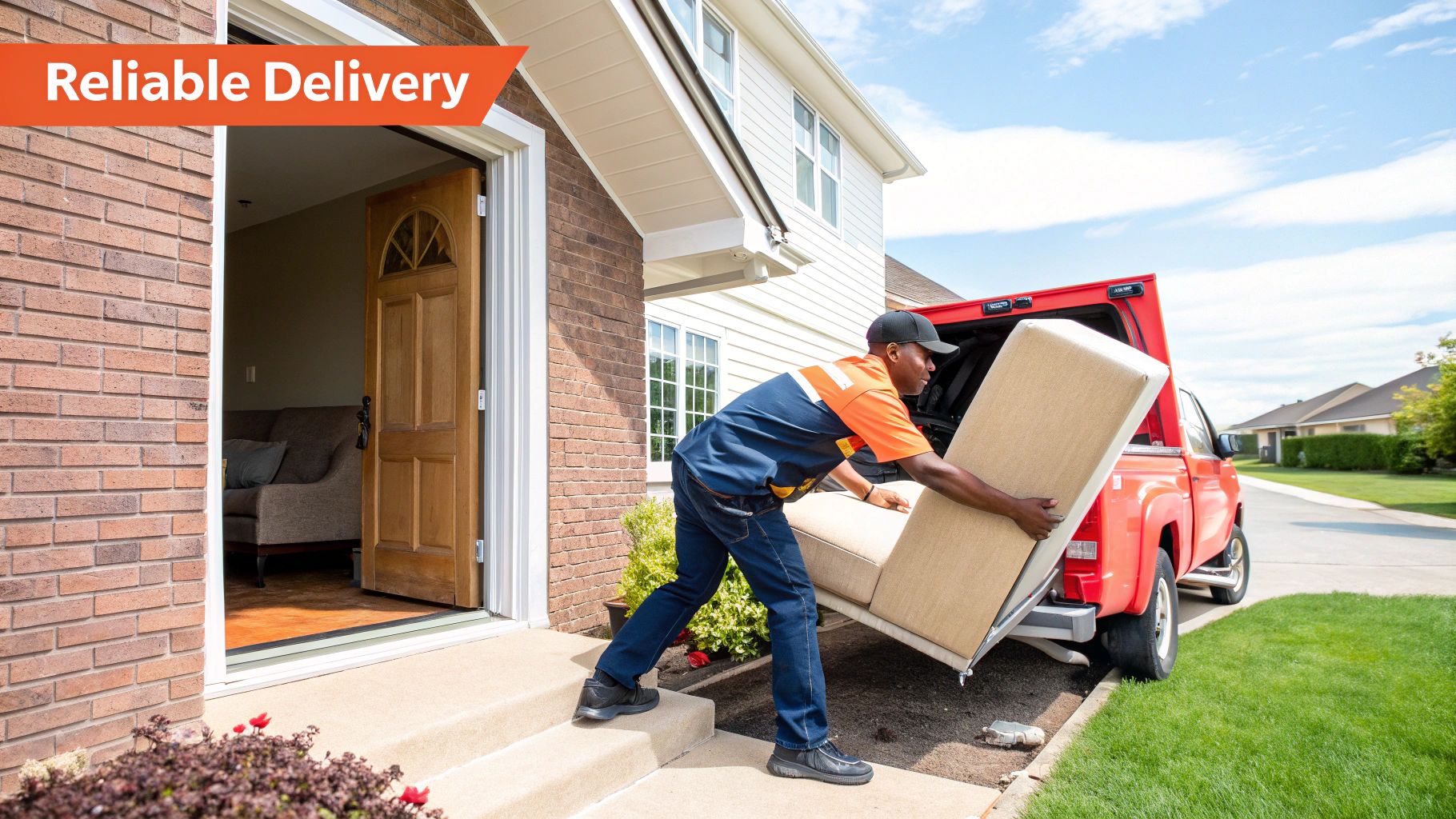 Two delivery professionals carefully carrying a large piece of furniture indoors.