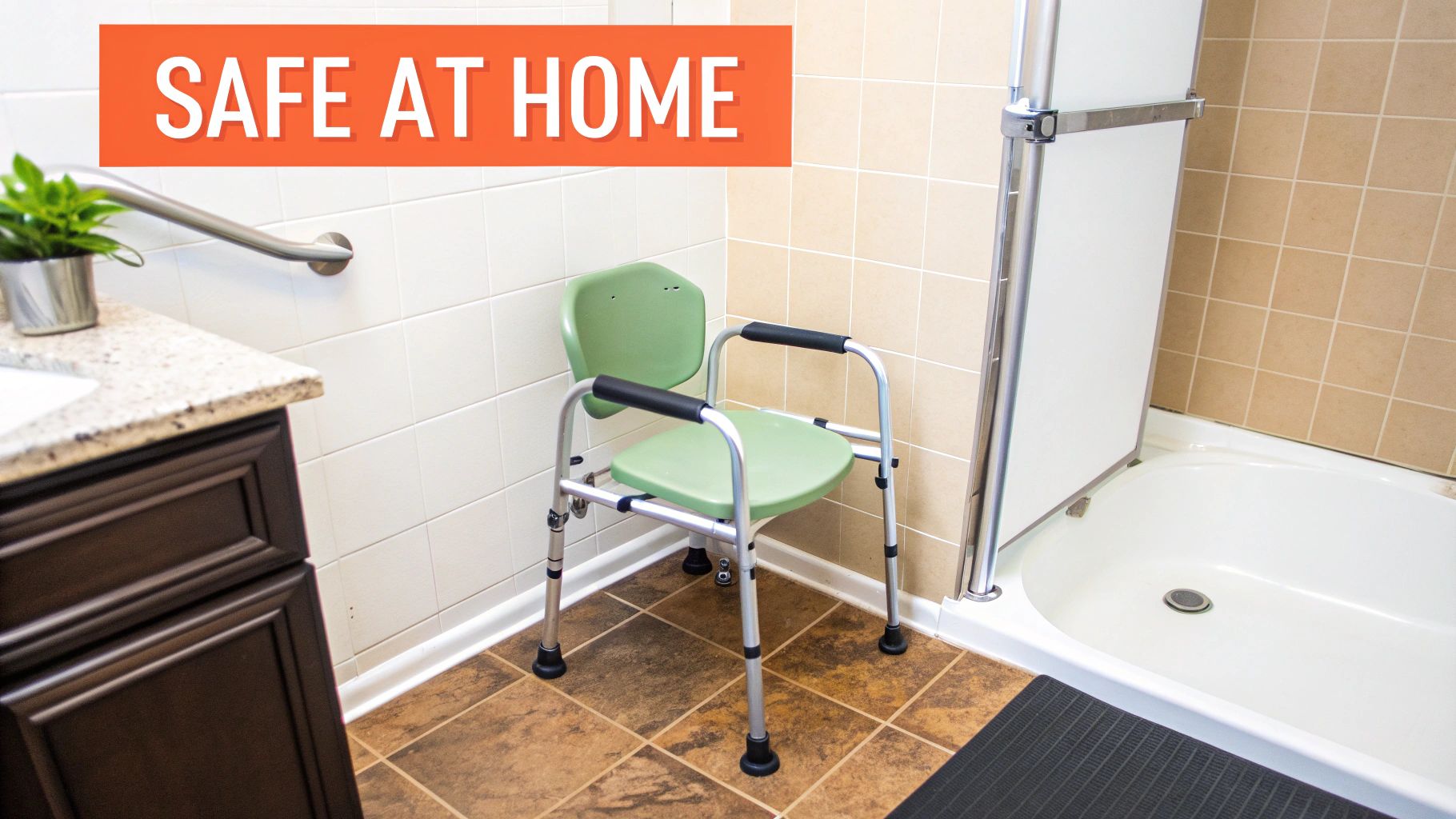 A safe bathroom for seniors with a stair lift and grab bars.
