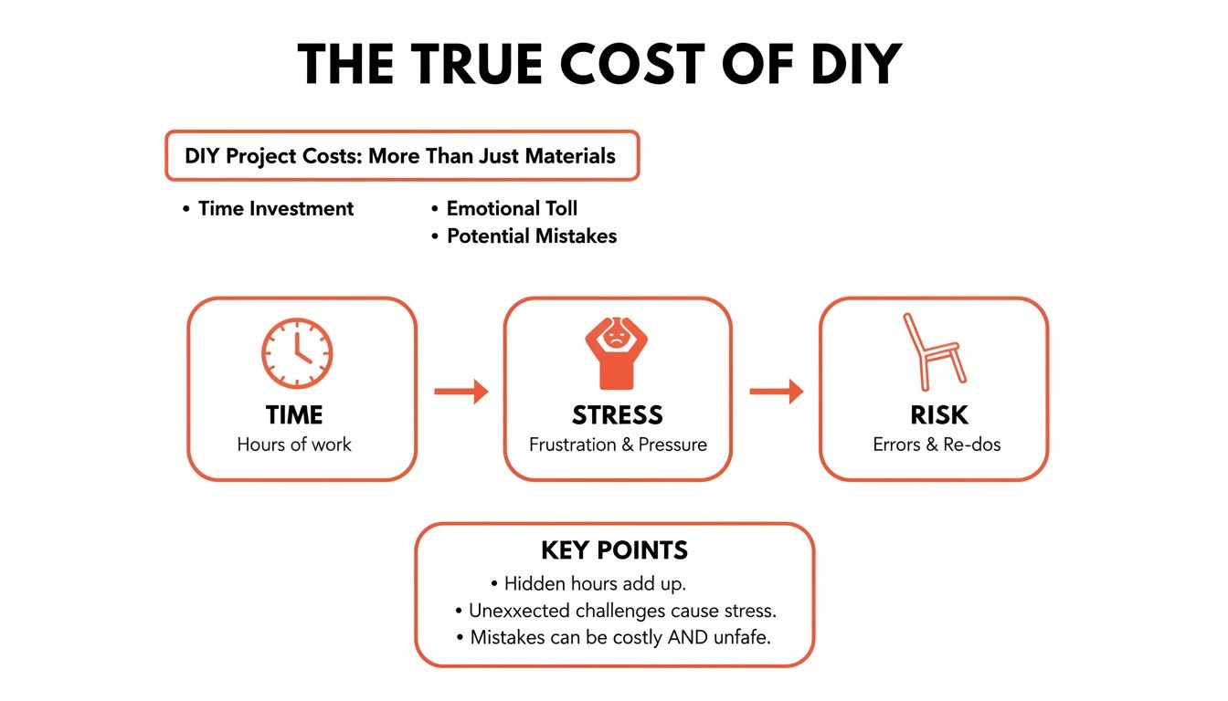 A diagram explaining the hidden costs of DIY projects: time, stress, and risk of errors.