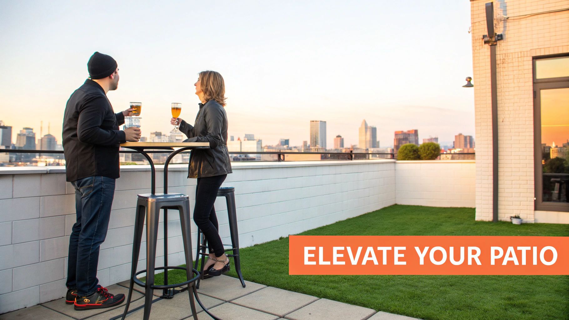 Two people enjoying drinks at a bar-height table on a modern rooftop patio with city skyline views.