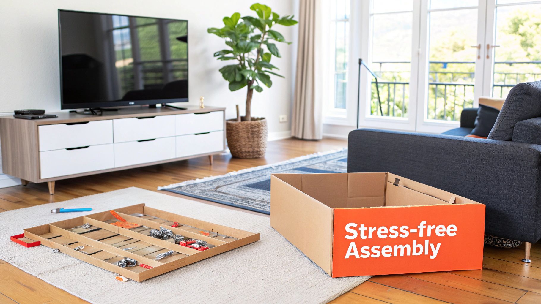 A professional assembling a white IKEA dresser in a bright living room.