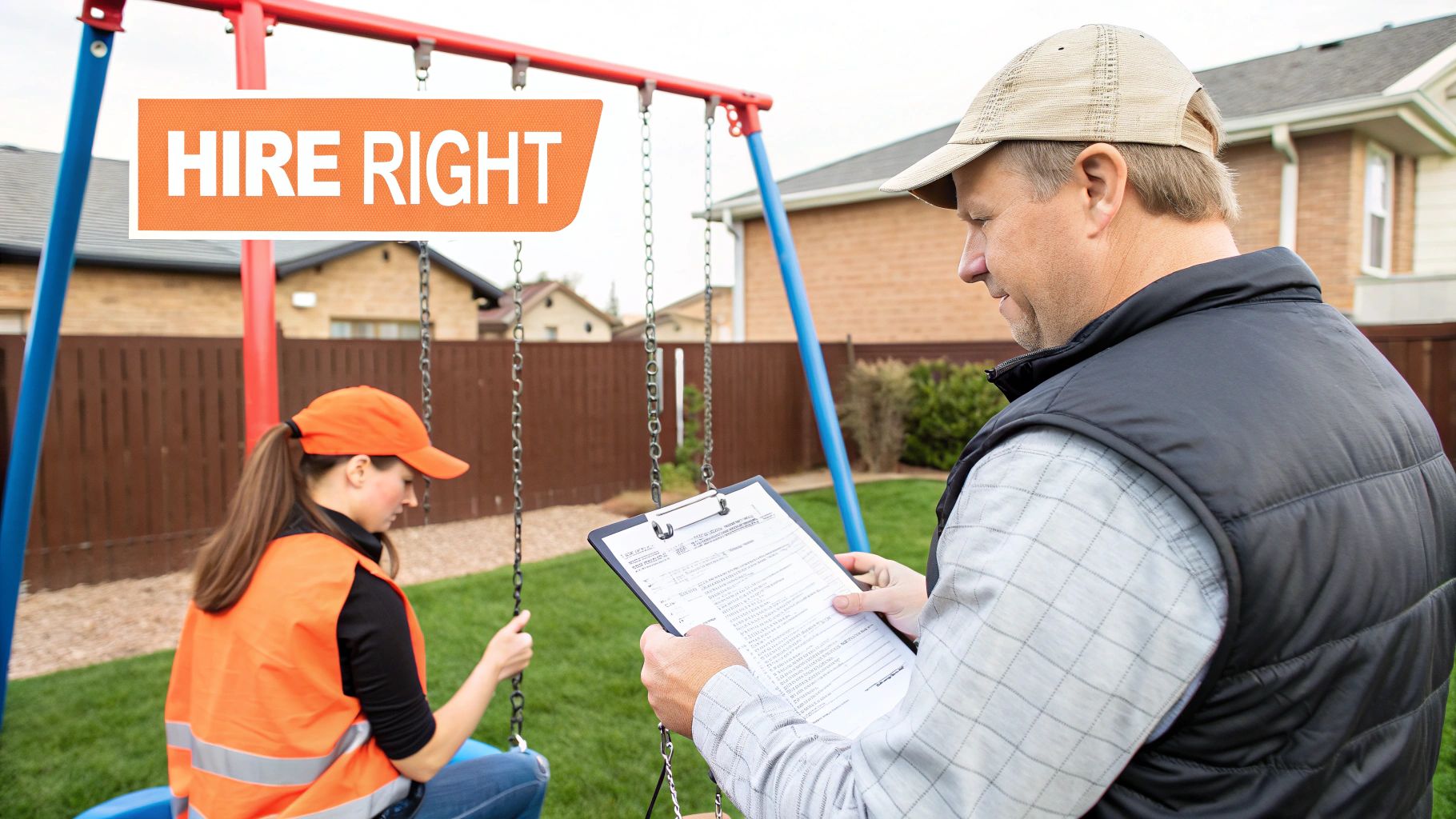 Two professionals, one reviewing a clipboard, inspecting a swing set for quality control.