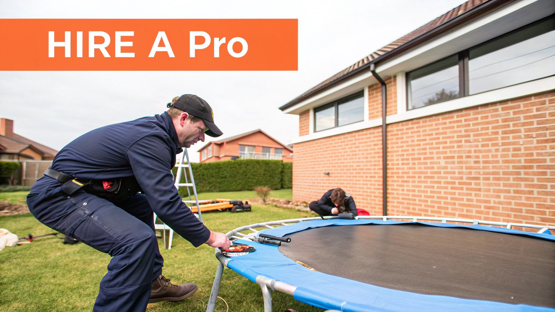 Two professionals are carefully assembling a large blue and black trampoline in a green backyard.
