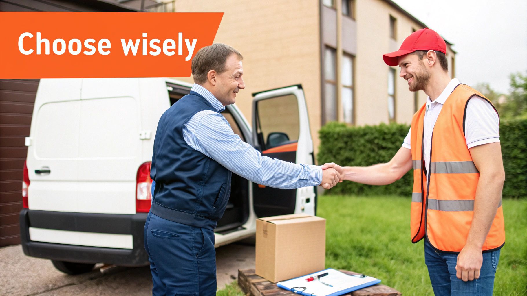 A delivery driver and customer shake hands next to a white van and package, symbolizing service choice.