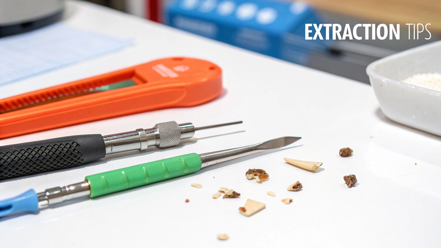 Close-up of precision extraction tools and small debris, with text 'EXTRACTION TIPS' on a white surface.