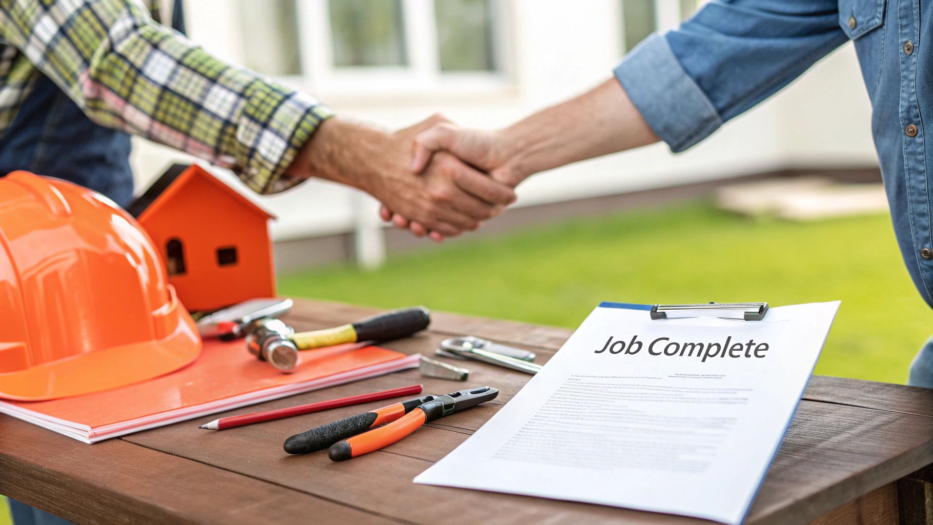 Two men shaking hands over a table with construction tools and a 'Job Complete' document, symbolizing project completion.