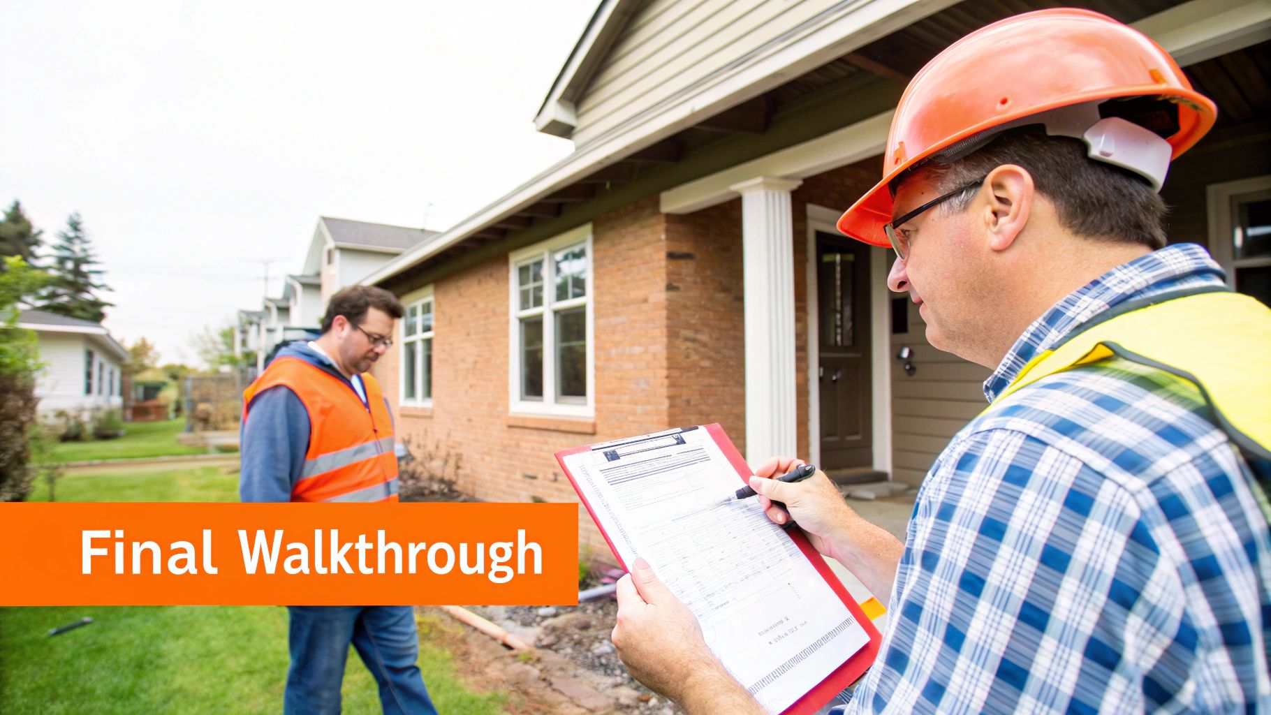 Two construction workers conduct a final walkthrough inspection with a clipboard outside a house.