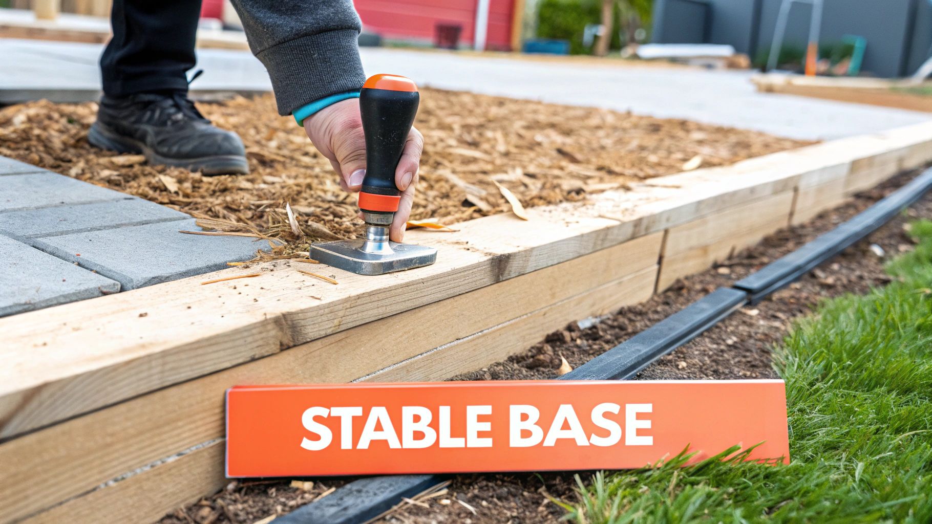 A clean, level area with a wooden retaining border filled with light-colored pea gravel, ready for a swing set installation.