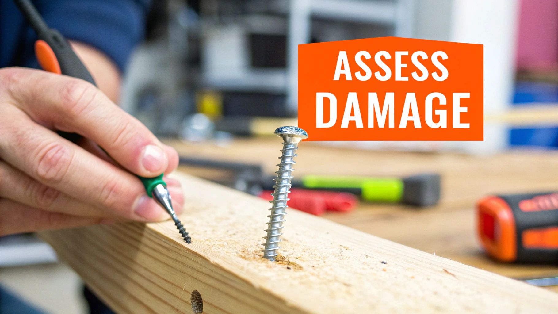 A person holding a screwdriver over a stripped screw in a piece of wood.