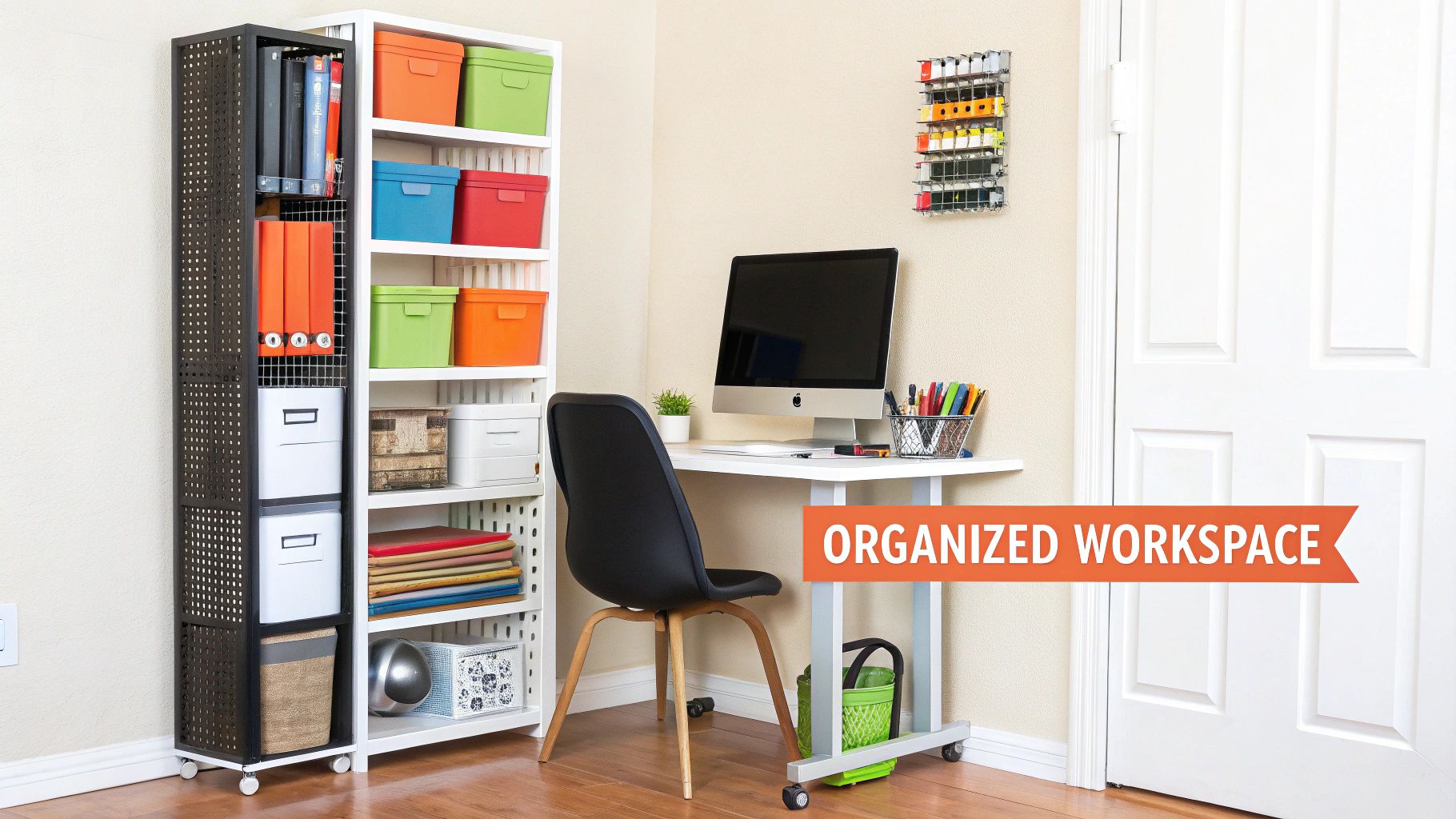 A well-organized small workspace with vertical shelves, a slim chair, and good lighting, centered around a compact desk.