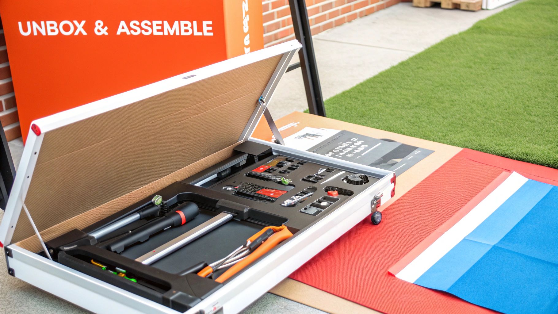 A person assembling a treadmill in a home gym