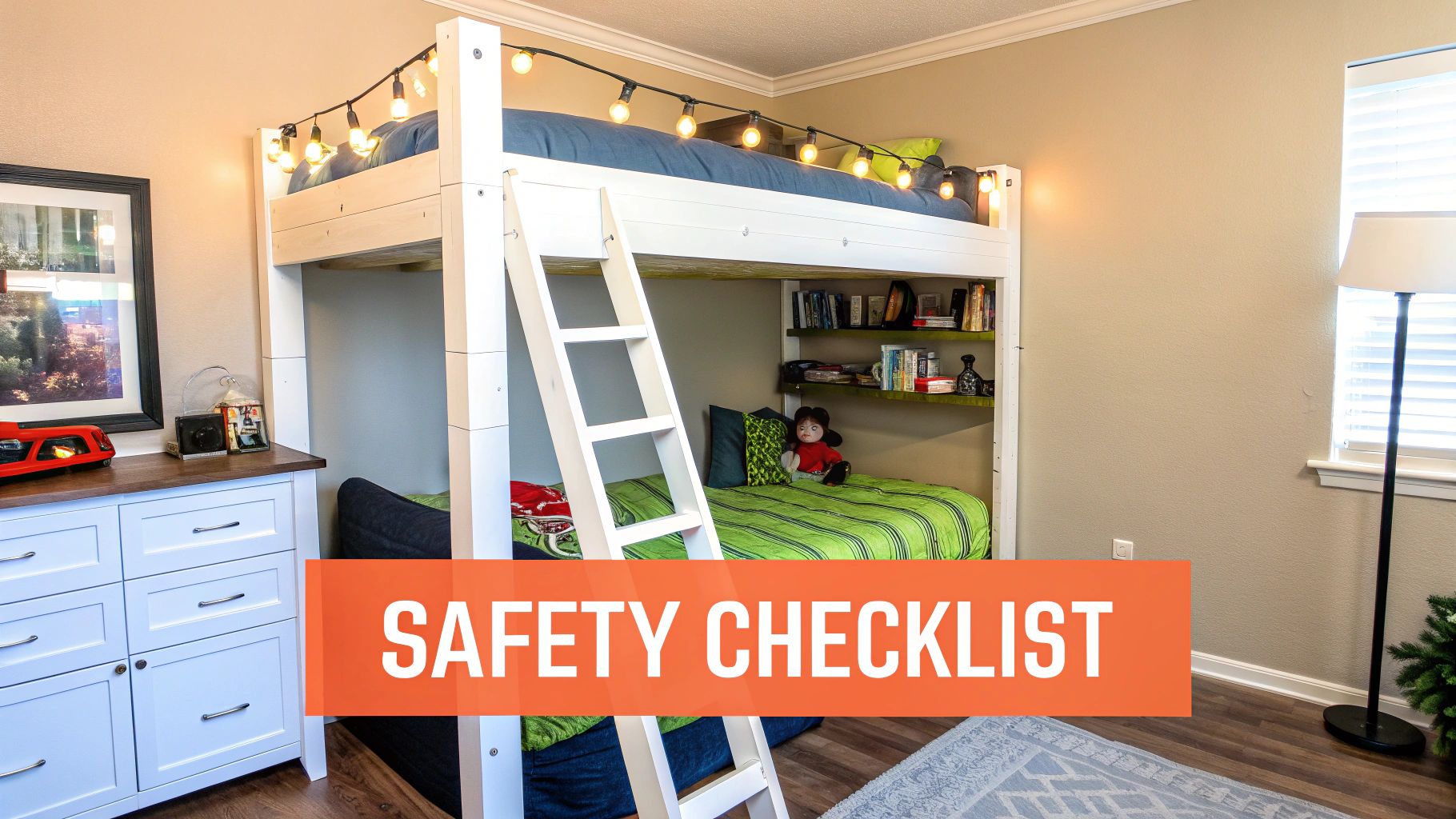 A cozy bedroom featuring a white DIY loft bed with a ladder, lights, and green bedding.