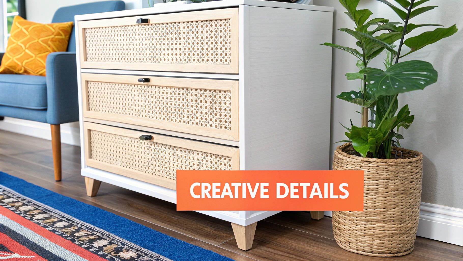 A stylish IKEA dresser with fluted drawer fronts and elegant gold hardware.