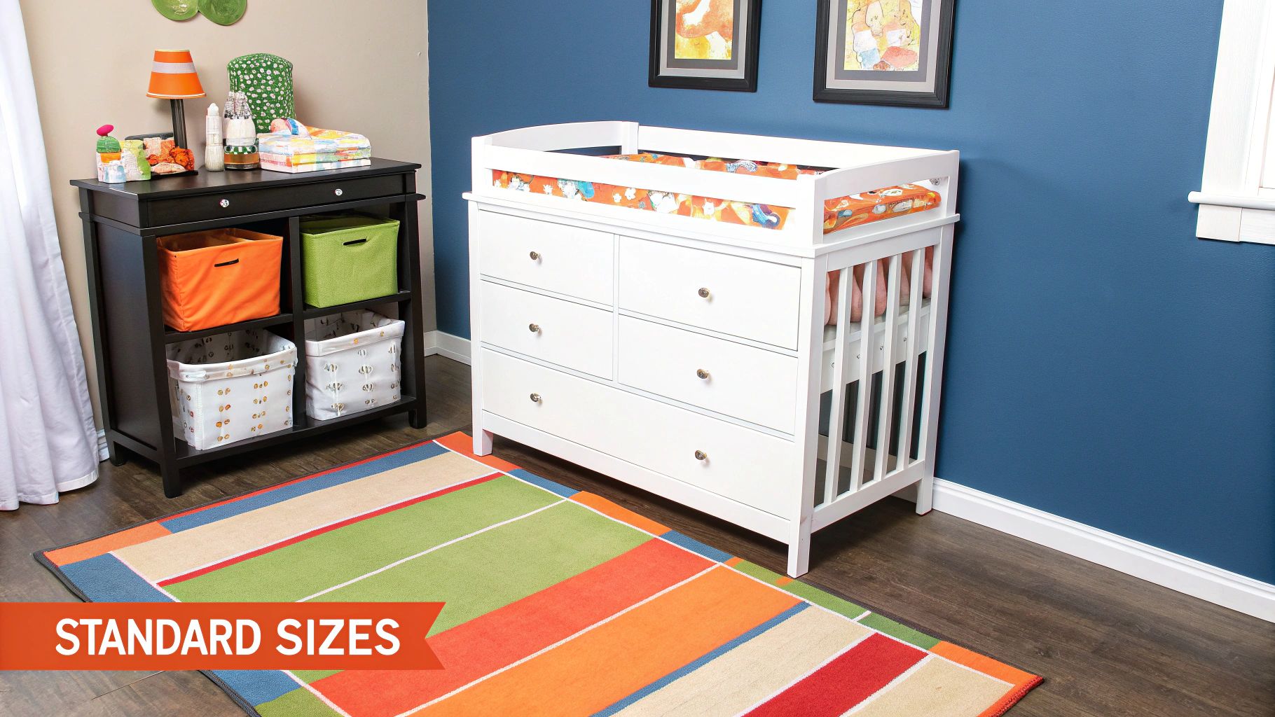 A neatly organized changing table in a nursery showing its width and depth