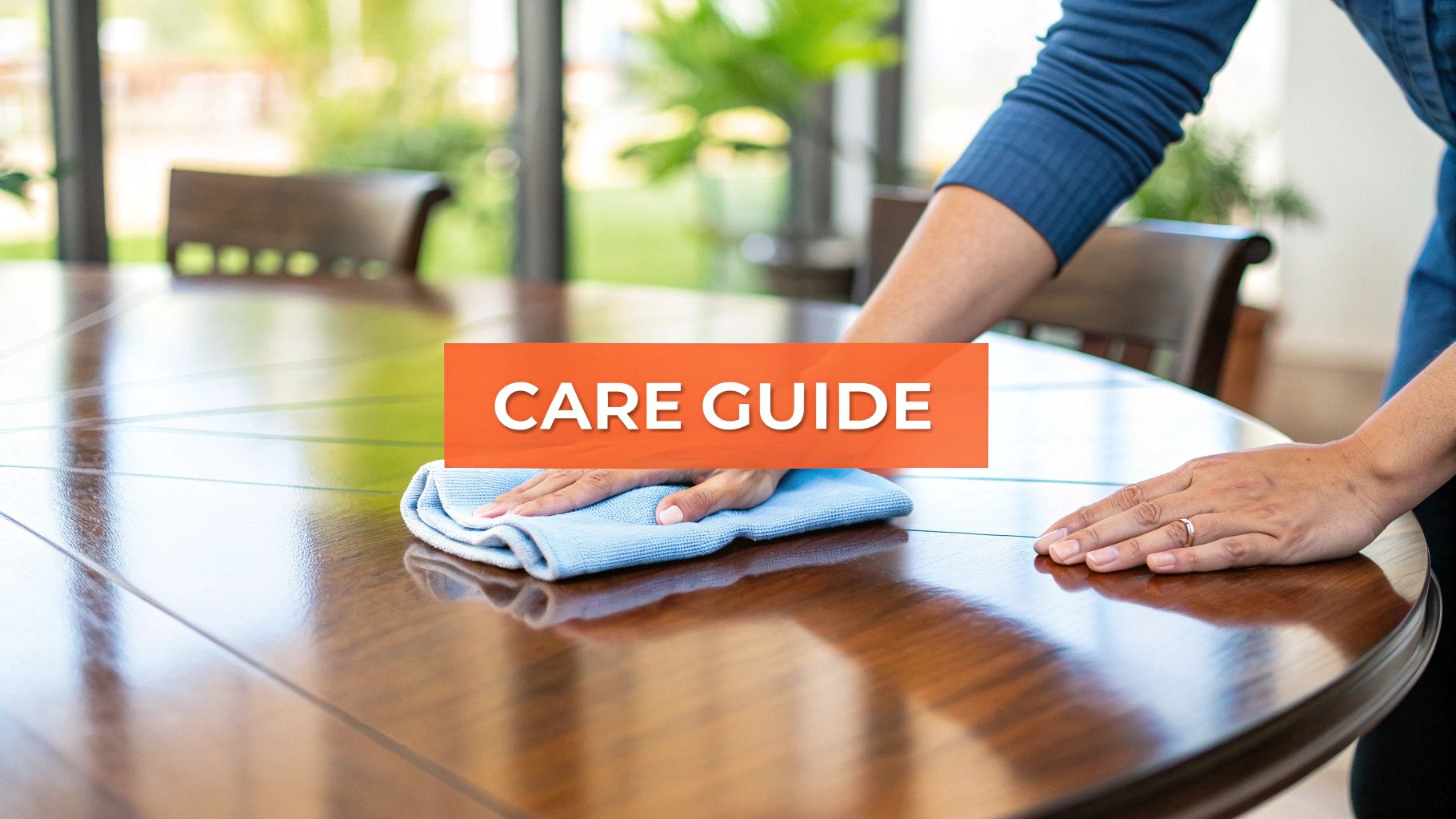 A person gently wiping down a clean acacia dining table with a soft cloth.