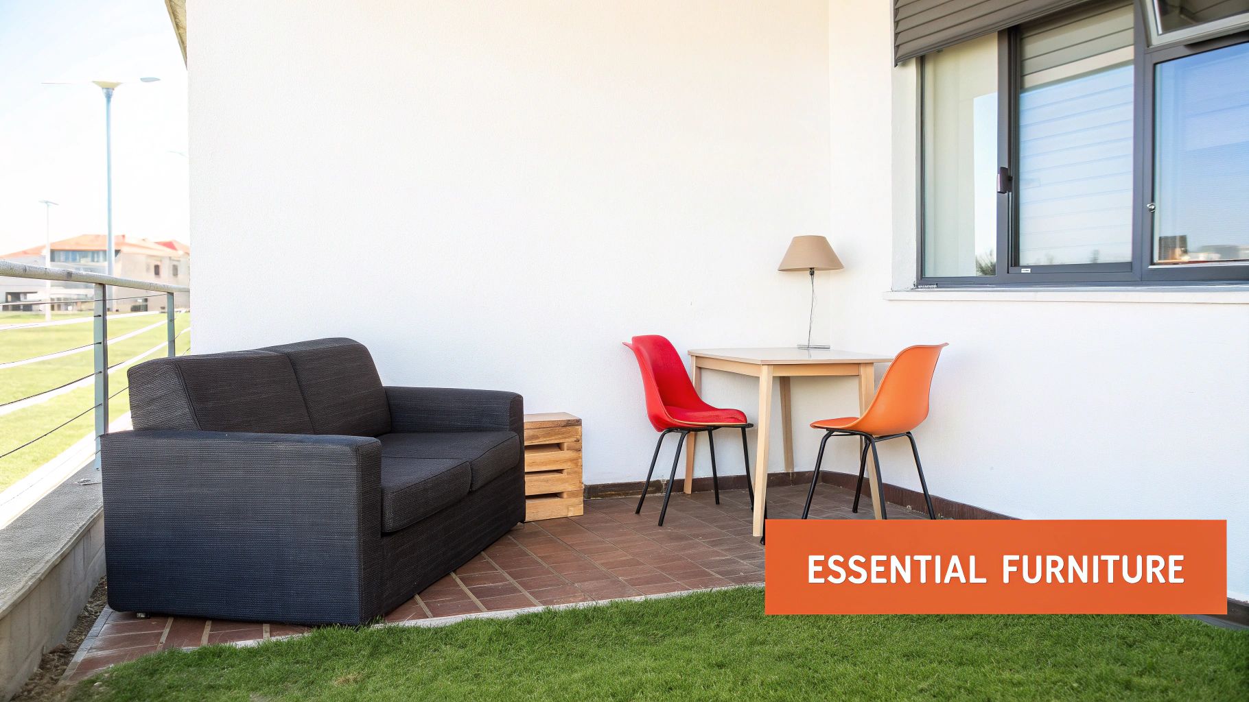 An outdoor patio featuring a dark sofa, a wooden table with a lamp, and two colorful chairs, highlighting essential furniture.