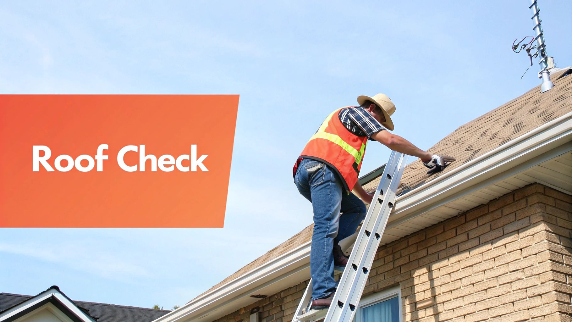 A person in a safety vest and hat on a ladder inspecting the roof and gutter of a brick house.
