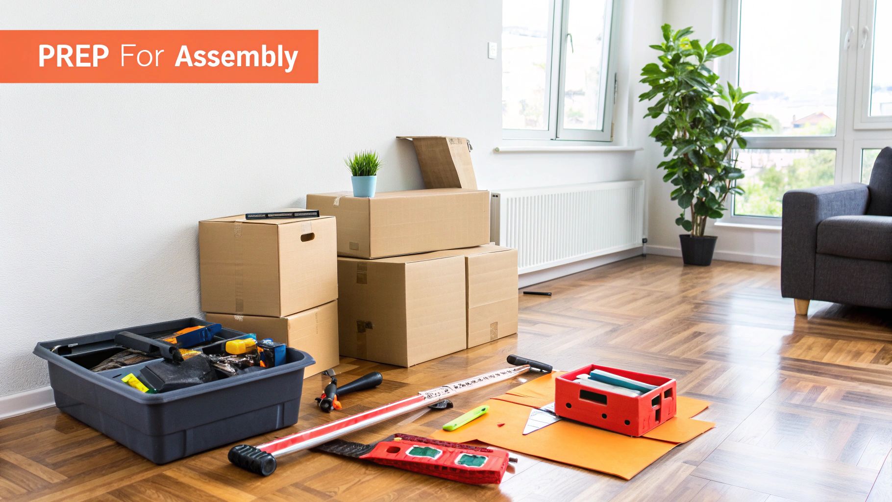 Several flat-pack furniture boxes stacked neatly in a cleared living room space.