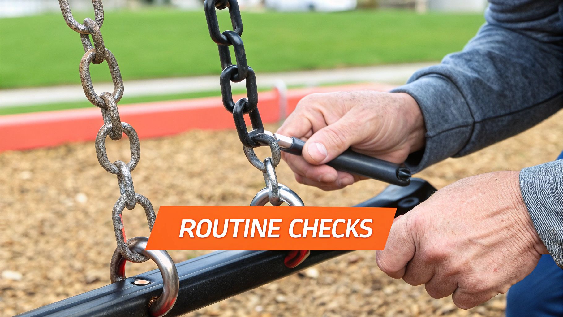 A person inspecting the ropes of a swing hanging from a large tree.