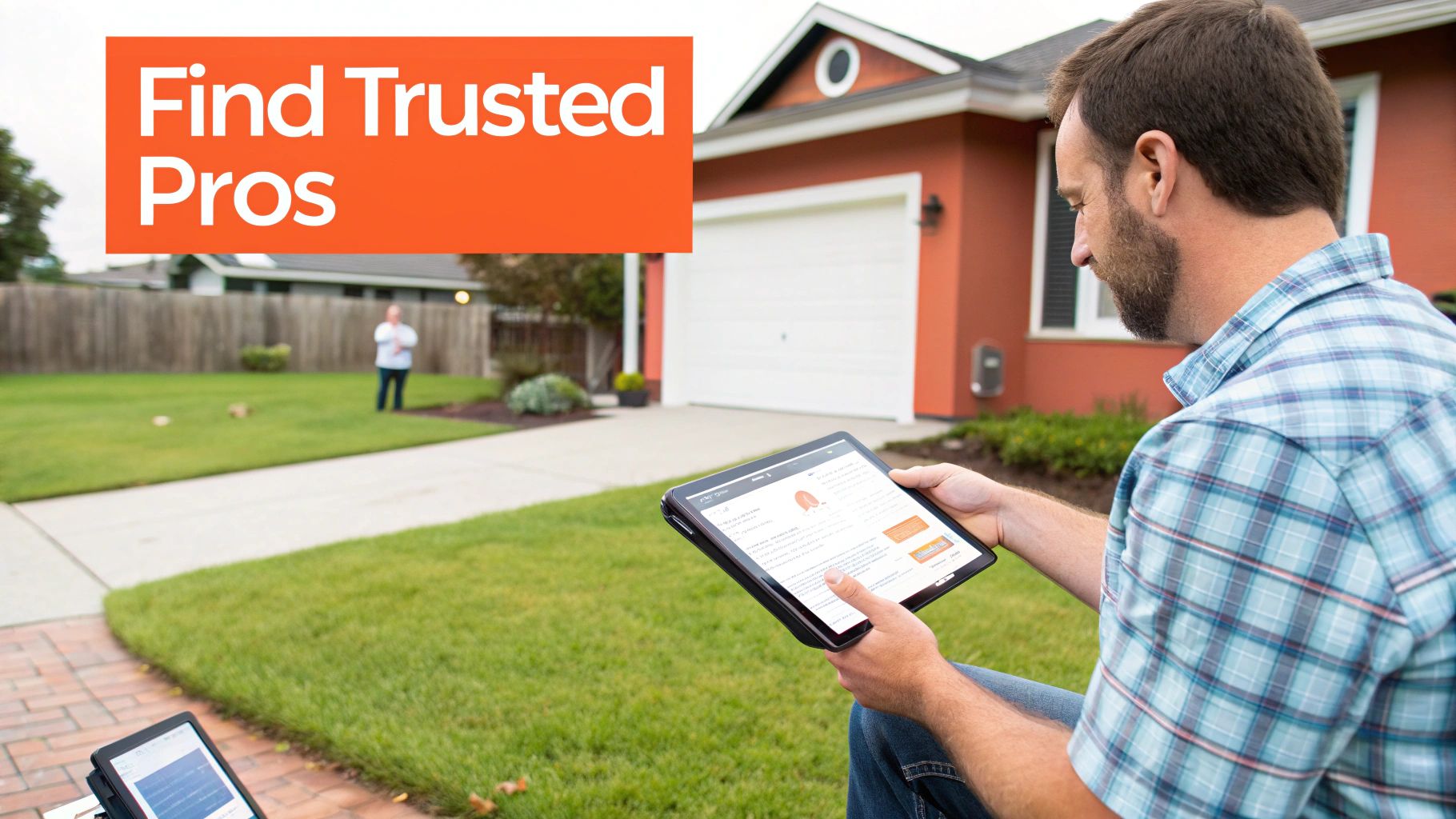 A professional installer reviewing the instruction manual for a swing set.