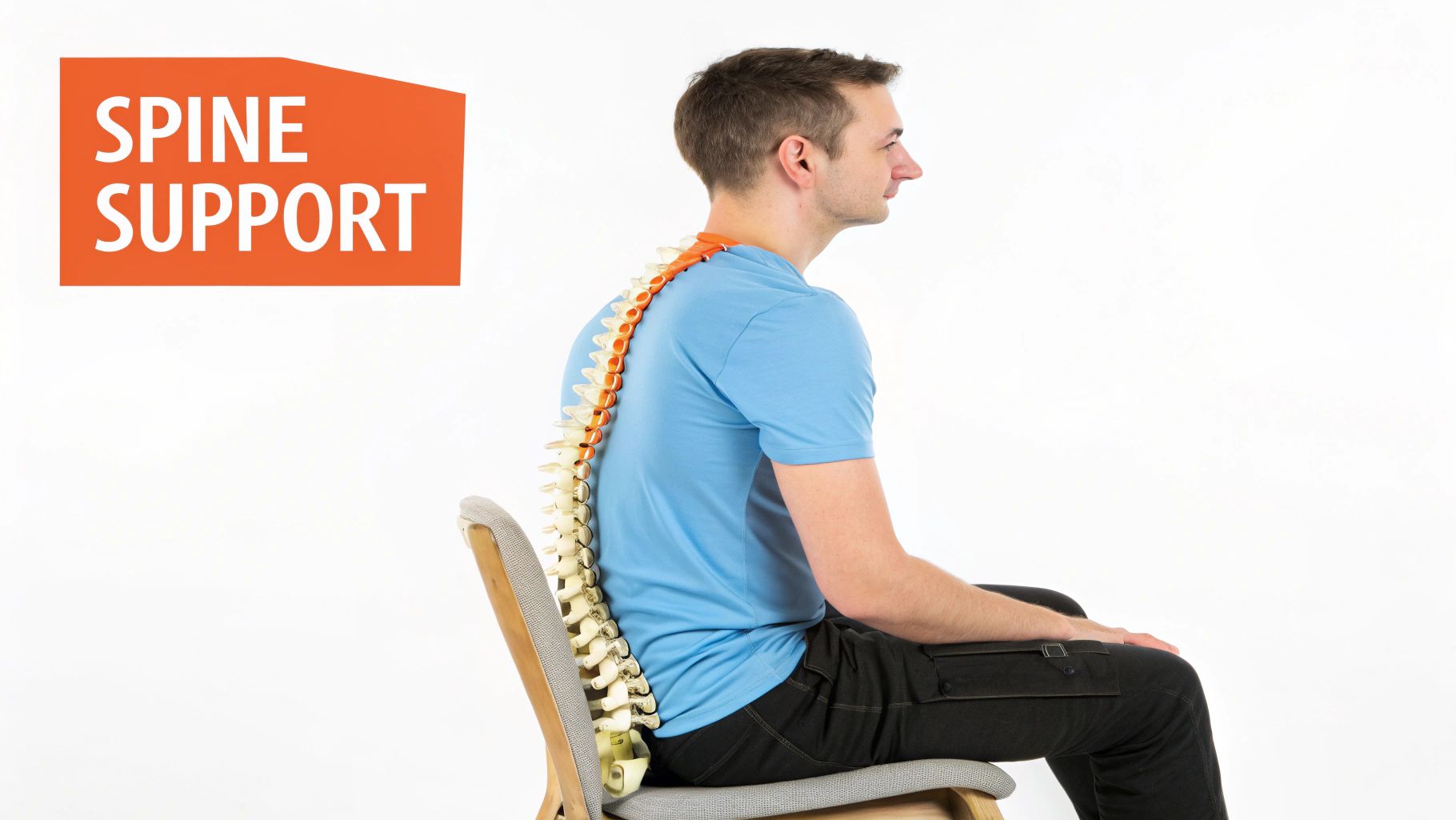 A person adjusting the lumbar support on their ergonomic office chair.