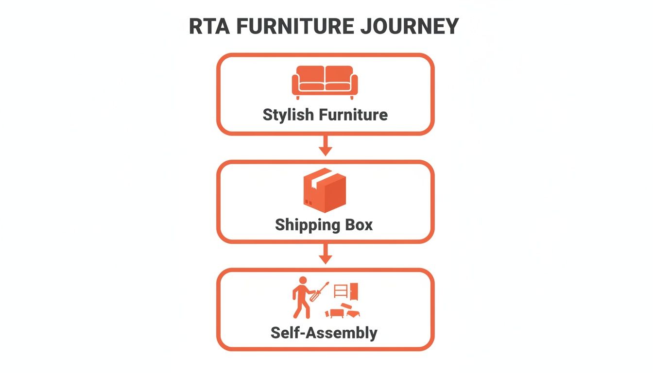 A three-step diagram illustrating the RTA furniture journey: stylish furniture, shipping box, and self-assembly.