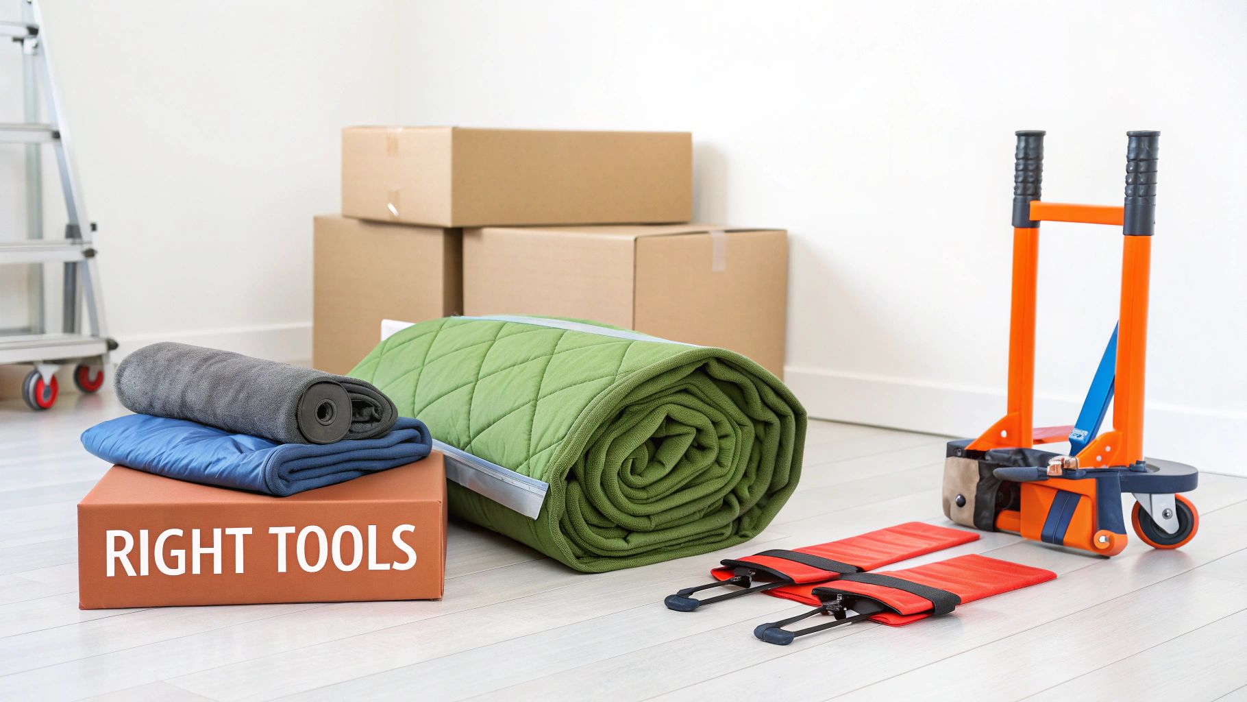 Moving supplies and tools, including cardboard boxes, blankets, hand truck, and furniture sliders.