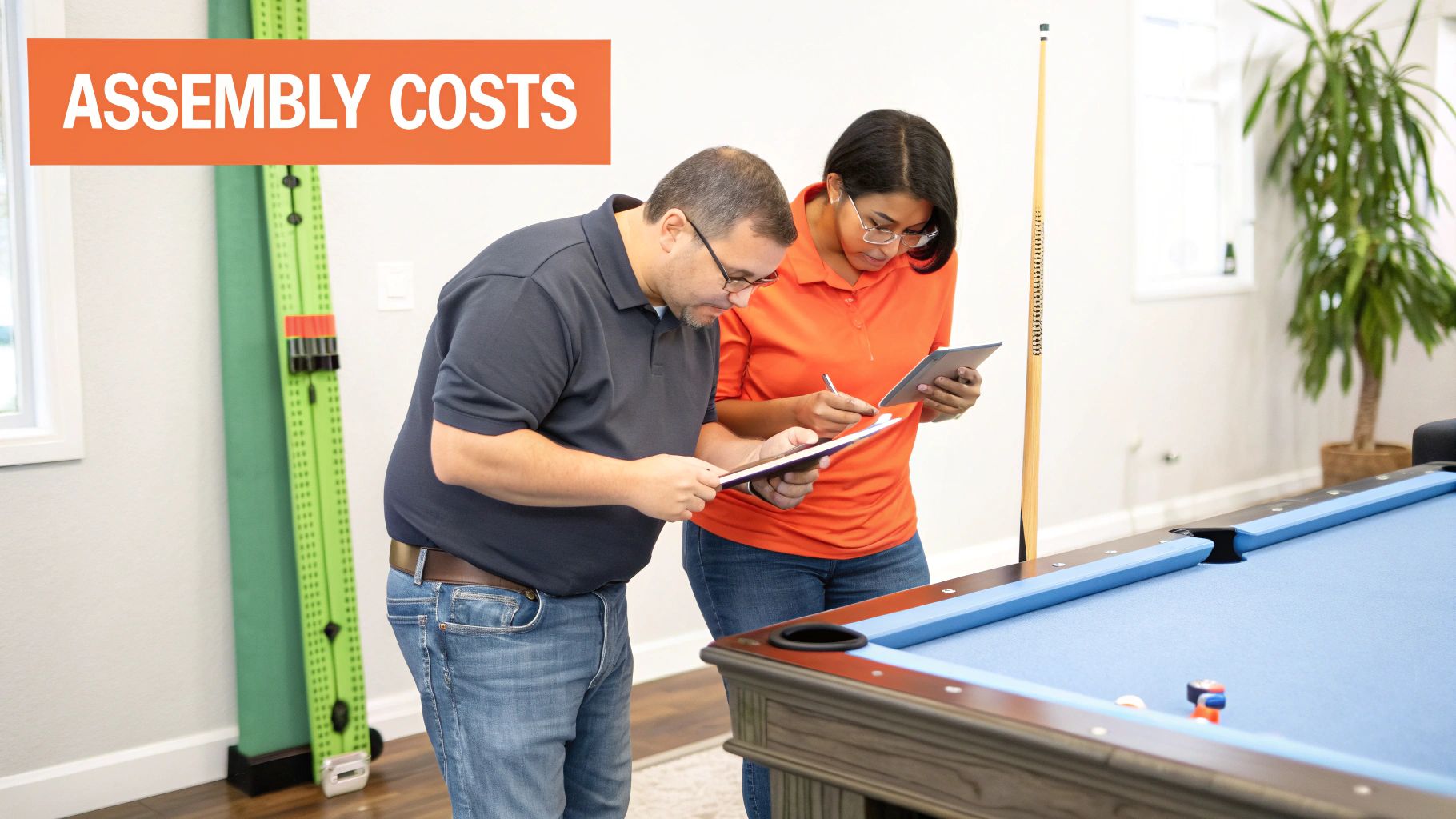 A close-up shot of a pool table assembler's hands as they meticulously measure and level the slate surface with a precision tool.