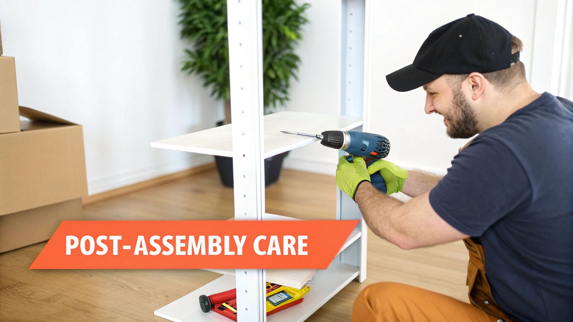 Smiling man in green gloves assembling a white shelf unit with a power drill.