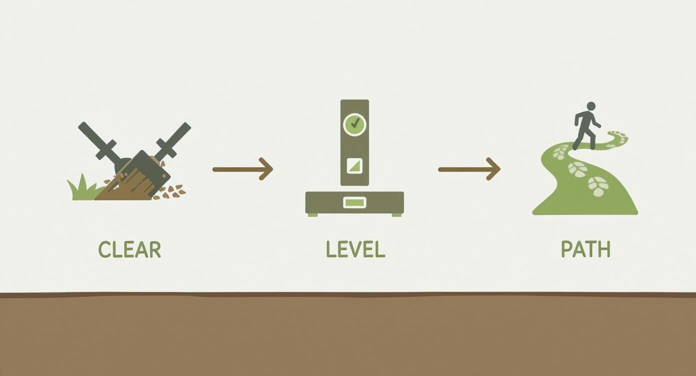 Three-step process diagram showing clear level and path installation stages with icons and arrows