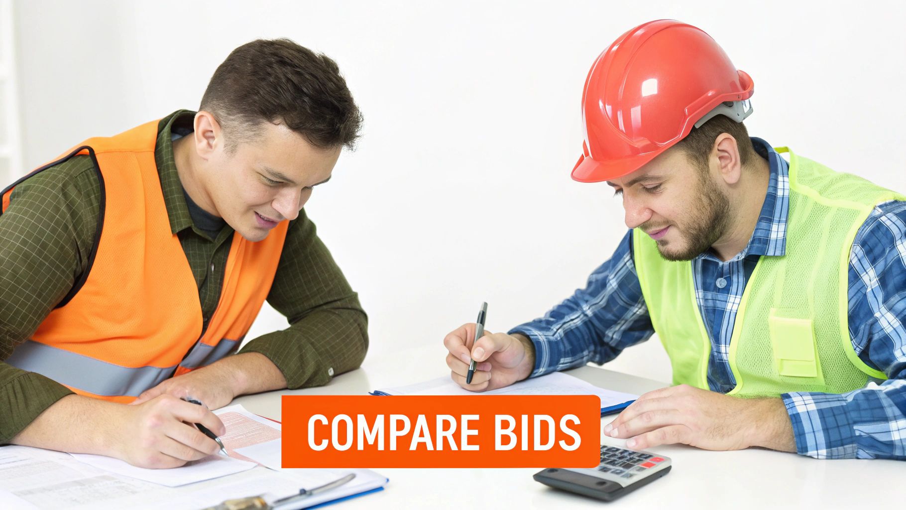Two construction workers or contractors review bids and documents at a table with a calculator.