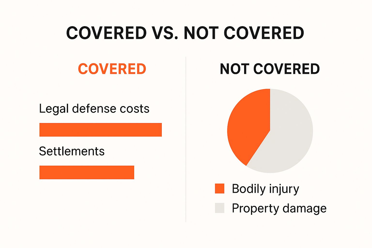 Infographic comparing what professional liability insurance covers (legal defense, settlements) versus what it does not cover (bodily injury, property damage).