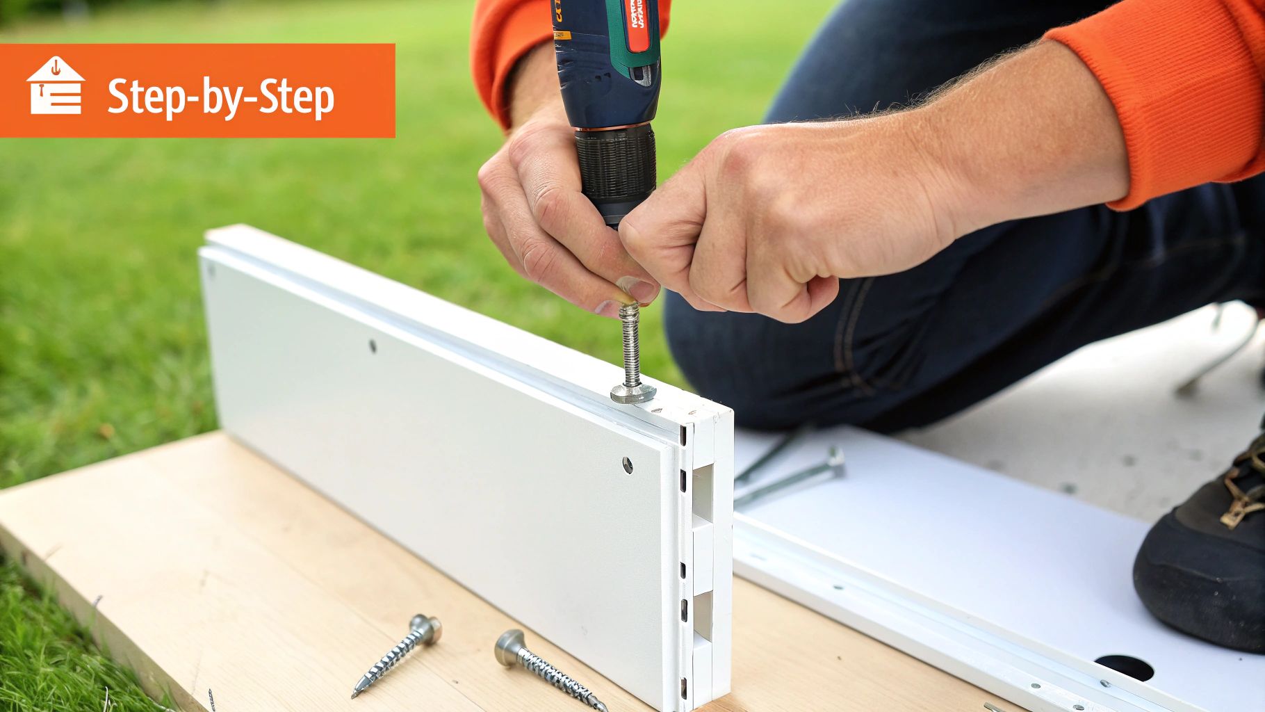 A professional assembler wearing a uniform and smiling, holding a power drill in a customer's living room.