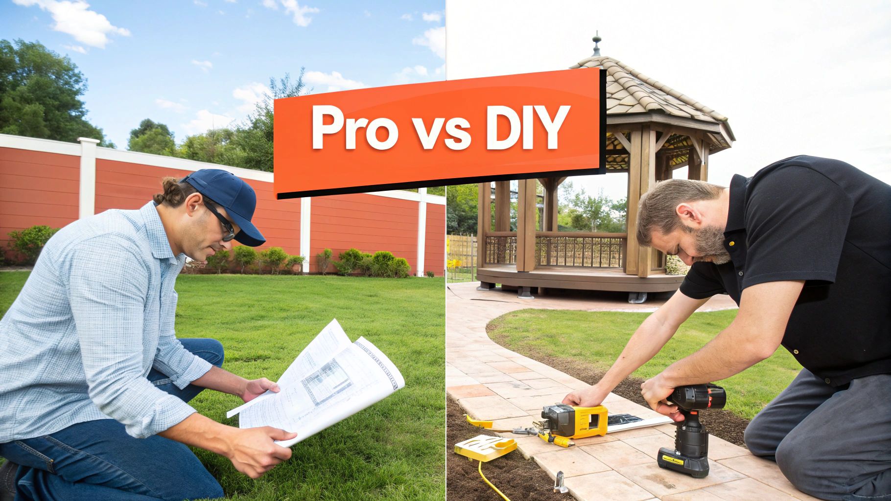 Two people assembling a wooden gazebo frame in a backyard.