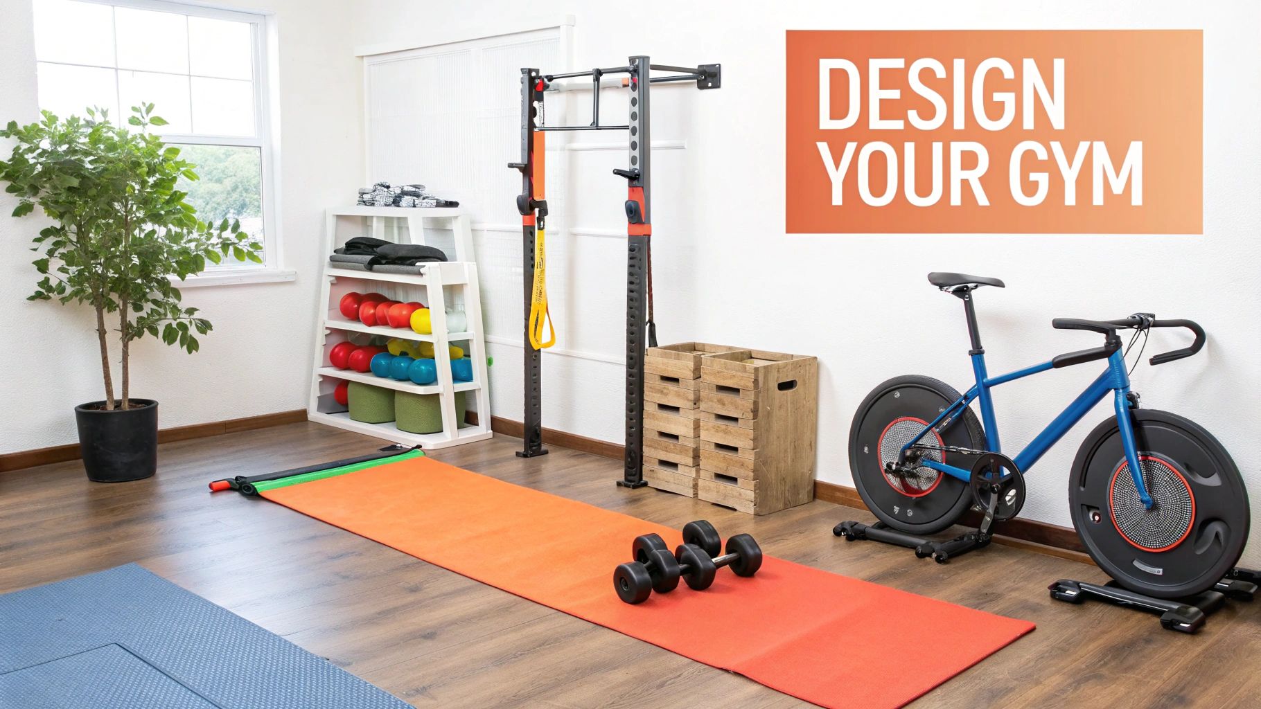 A bright home gym with various fitness equipment, including a bike, weights, and a squat rack.