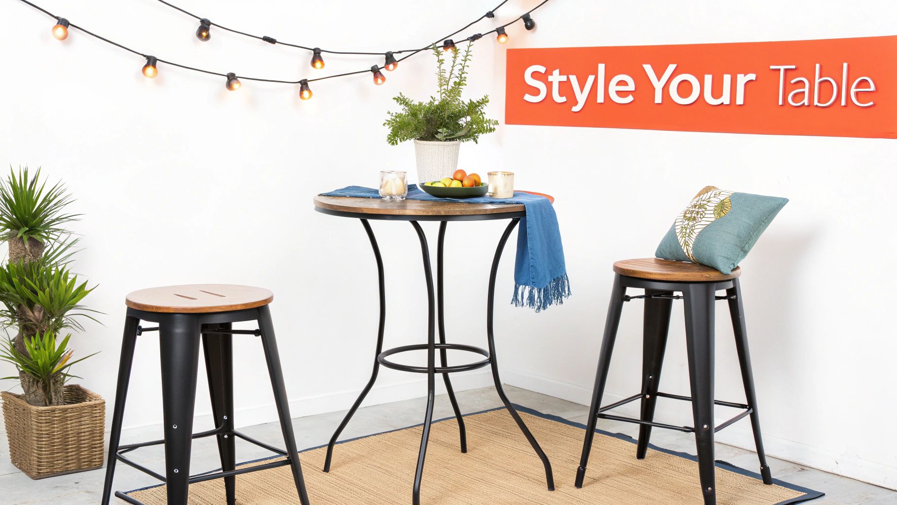 Outdoor bar-height table and stools with plants, string lights, and decorative elements.