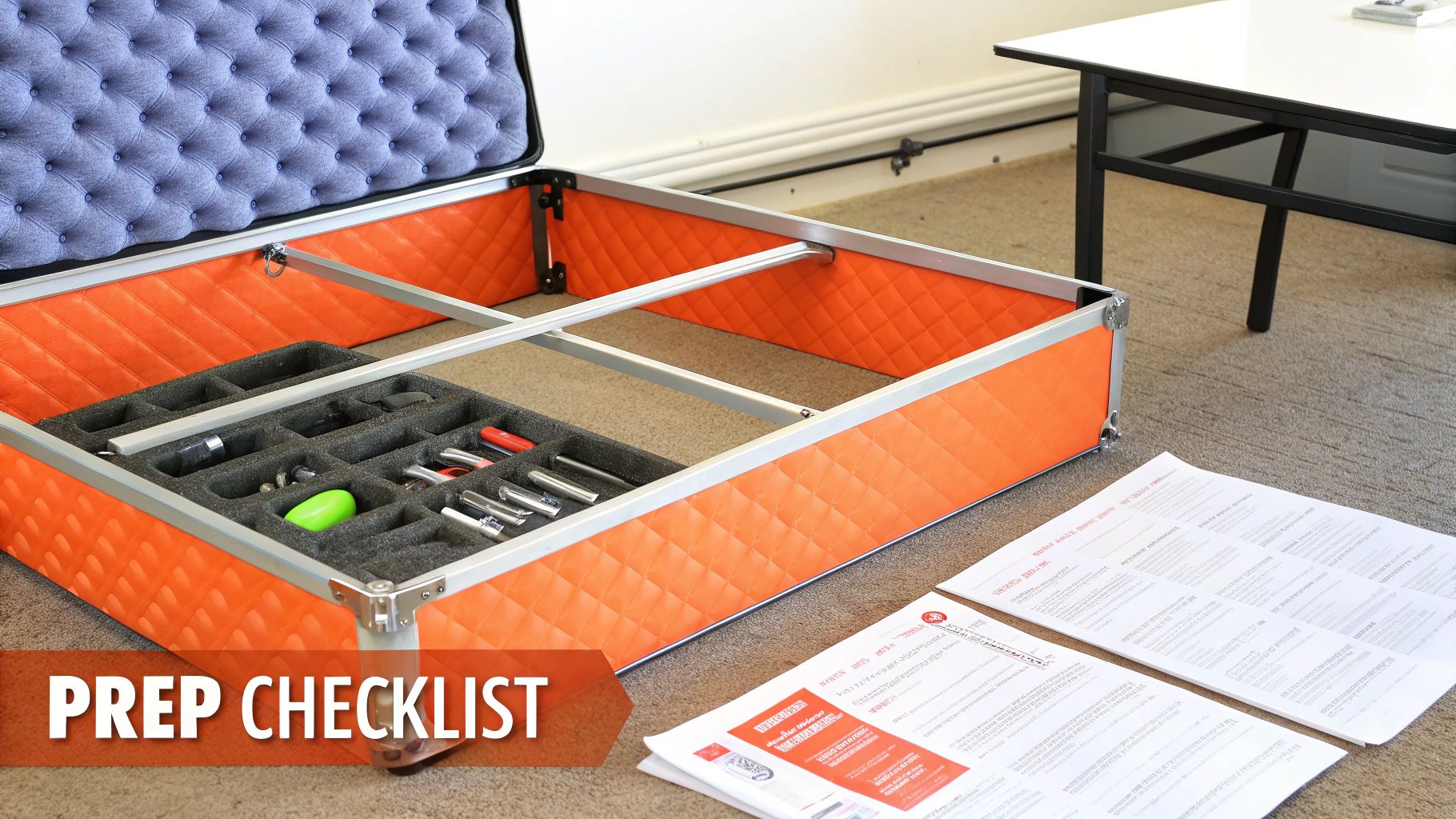 A person carefully organizing the parts of a metal bed frame on the floor before starting assembly.