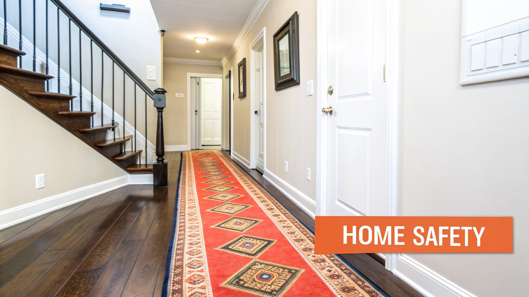 A brightly lit home hallway with a red runner rug, dark wood floor, and a wooden staircase.