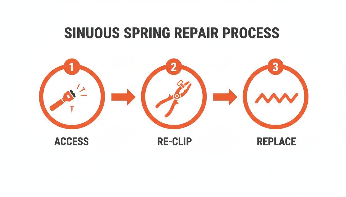 A 3-step infographic illustrating the sinuous spring repair process: access, re-clip, and replace.