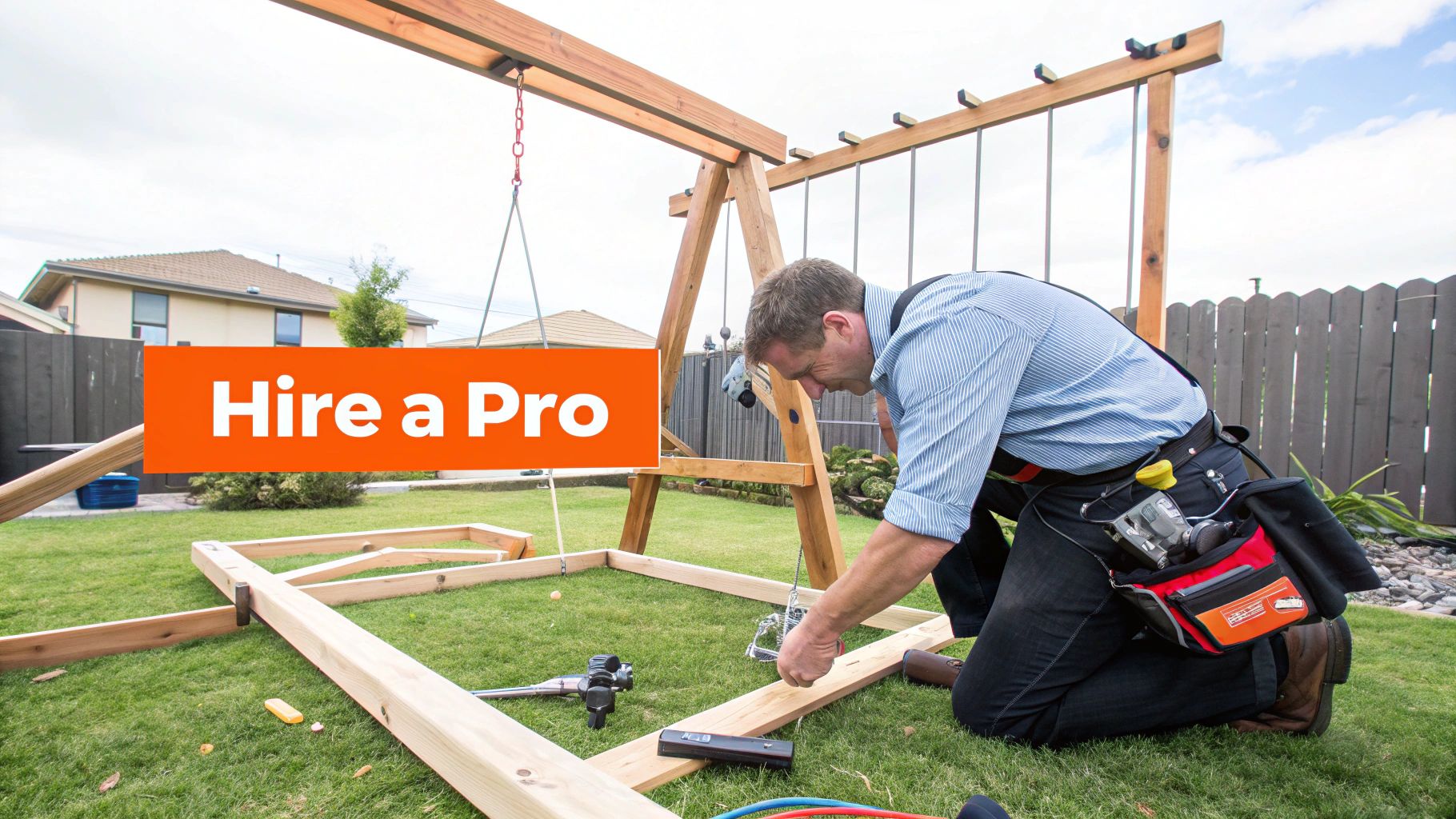 A professionally installed wooden swing set with a slide and climbing wall in a green backyard.