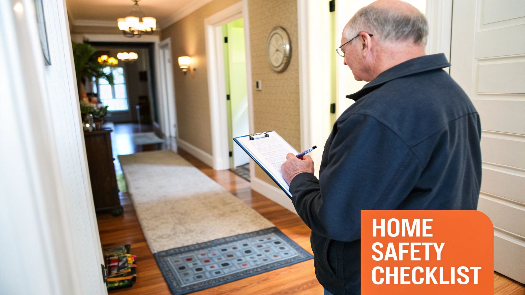 An older man with glasses holds a clipboard and pen, inspecting a home hallway.