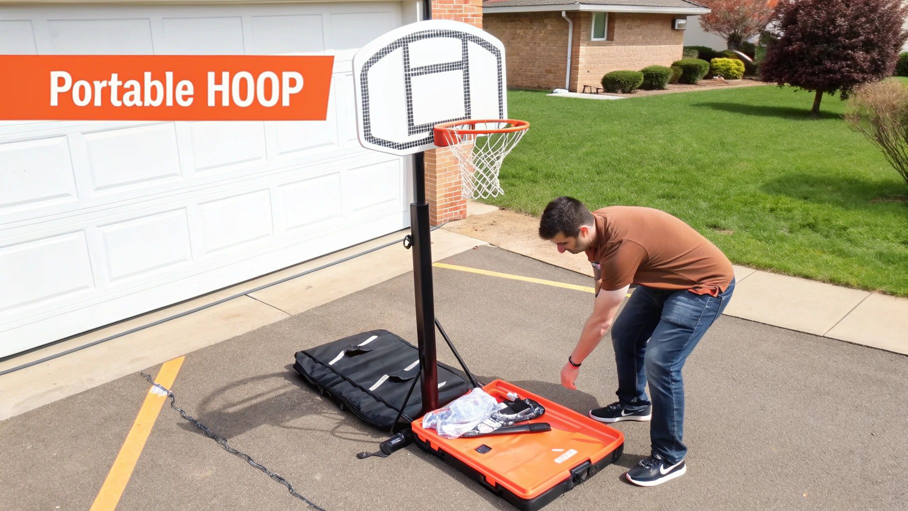 A man organizing equipment next to a portable basketball hoop in a home driveway.