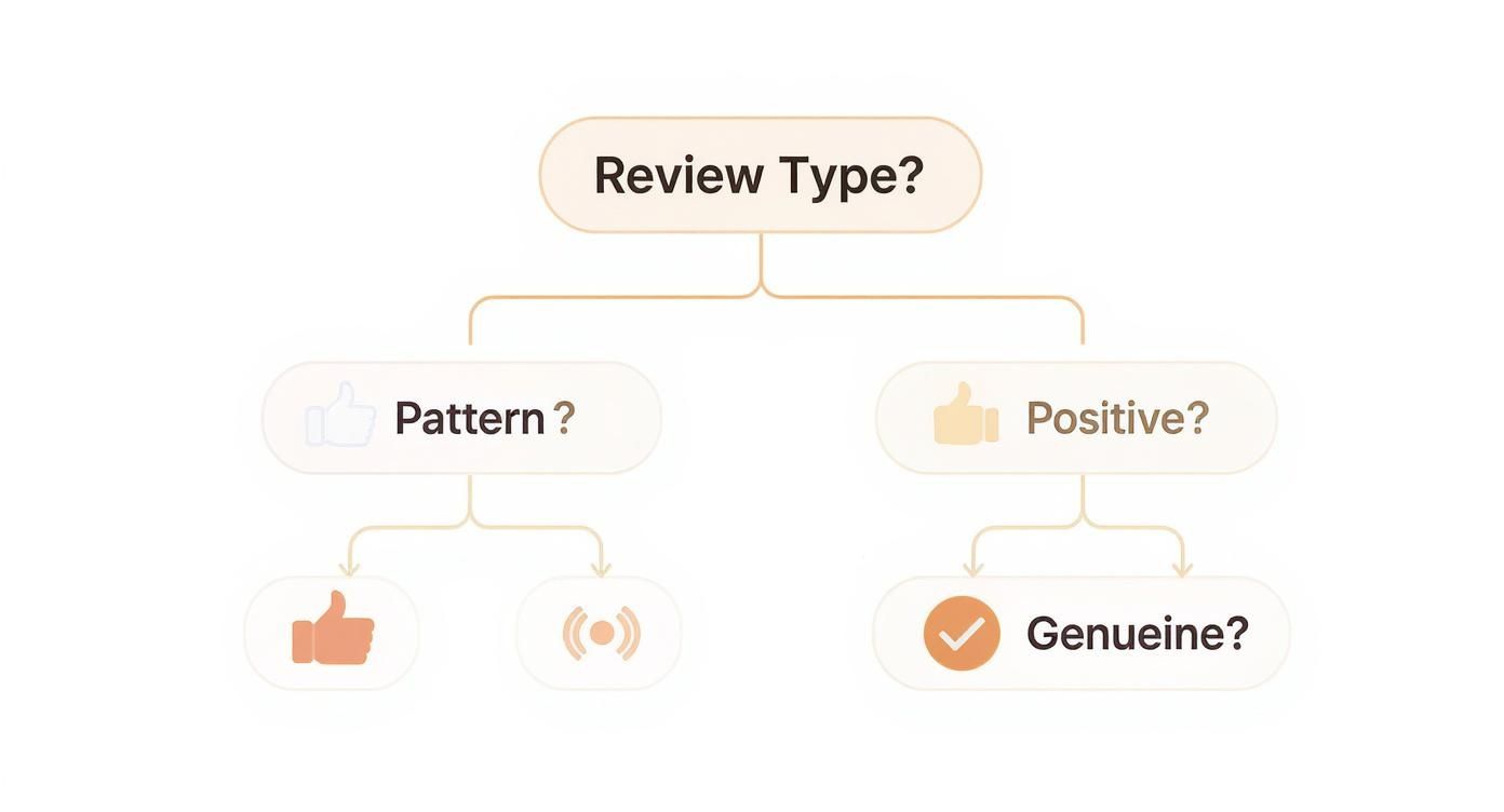 Flowchart diagram showing review type classification with pattern and positive branches for basketball hoop reviews