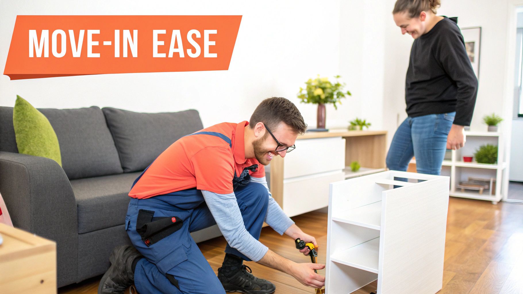 A professional assembling a piece of furniture in a neat living room.